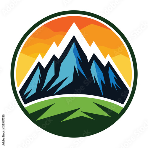A colorful illustration of a mountain range silhouette against a sunset sky with green grass at the base.