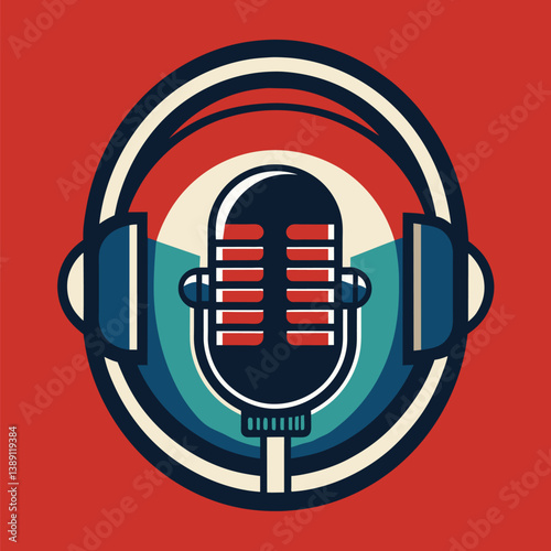 Vintage mic with headphones on red background. Black outline with blue mic base, blue and white headphones. Nostalgic audio vibes. photo