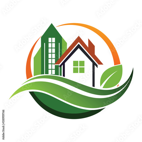 A green living logo featuring a house and a building in front of a sun and a leaf.