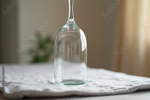 Inverted wine glass on white cloth reflecting light indoors