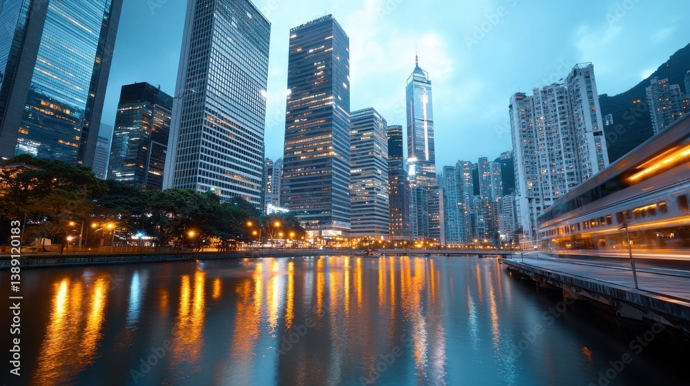 Obraz premium Stunning nighttime cityscape with illuminated skyscrapers glass towers and bridges reflecting in a river showcasing the vibrant financial and business district of a modern metropolitan city