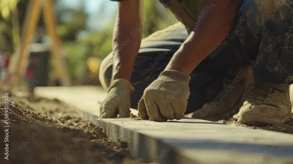 A Hispanic construction worker laying down a foundation stone. Featuring concentration and craftsmanship A Hispanic construction worker laying down a foundation stone. Featuring concentration and craftsmanship