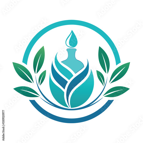 A logo design featuring a blue bottle with a water drop on top, surrounded by green floral leaves, all enclosed within a blue circle.