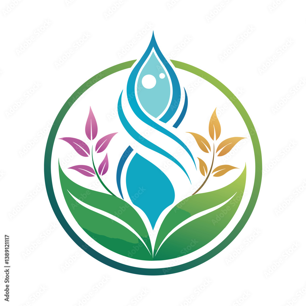 Obraz premium Logo of a water drop in circle with leaves, blue/teal drop, green leaves with pink/yellow. Symbolizes nature, life, & water.