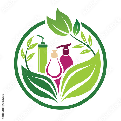 A green leaf circle with three bottles of natural beauty products in the center, depicting the natural and organic ingredients.