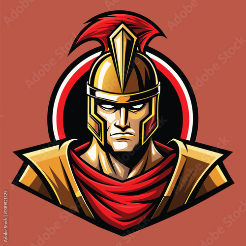 A digital illustration of a Roman centurion warrior, facing forward, wearing a golden helmet with a red plume.