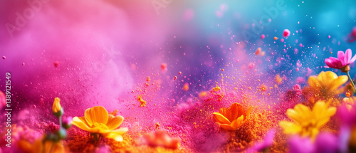 Colorful explosion of flowers creating vibrant dust in a dreamy landscape during sunset , flowers, petals, colors, powder, explosion, landscape, sunset, atmosphere, d