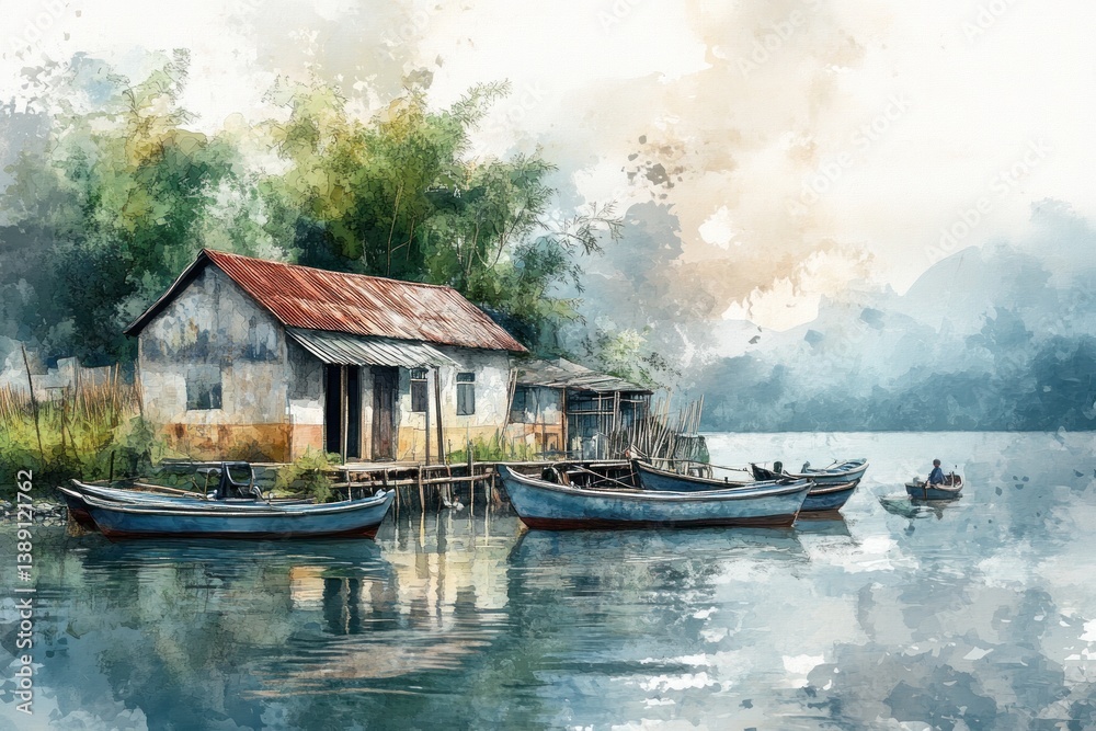Fototapeta premium Watercolor painting of a small coastal village scene with boats