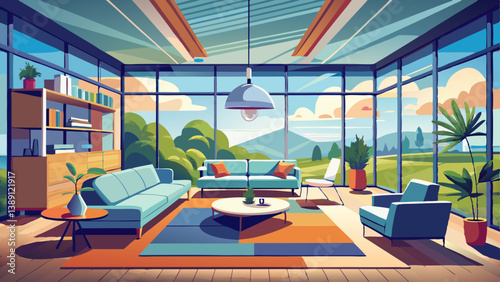 Spacious modern living room with floor-to-ceiling windows, minimalist furniture, and natural light flooding in.