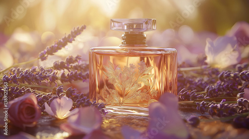 Elegant perfume bottle surrounded by lavender and rose petals with a soft golden light