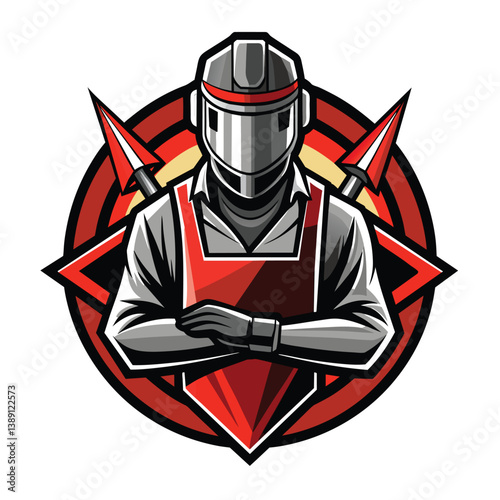 A digital illustration of a welder character wearing a red apron, a helmet, and crossed arms, standing in front of a red circle with a star and two spears.