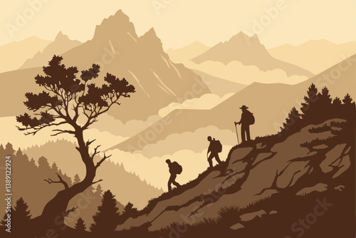 76 Silhouette of mountaineers, majestic mountain range, dramatic sunset, rugged peaks, epic landscape, golden hour lighting, adventure scene, hiking group, mountain expedition, dramatic shadows, rocky