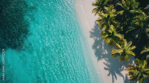 Aerial view of pristine turquoise ocean meeting white sand beach fringed with lush palm trees in tropical paradise