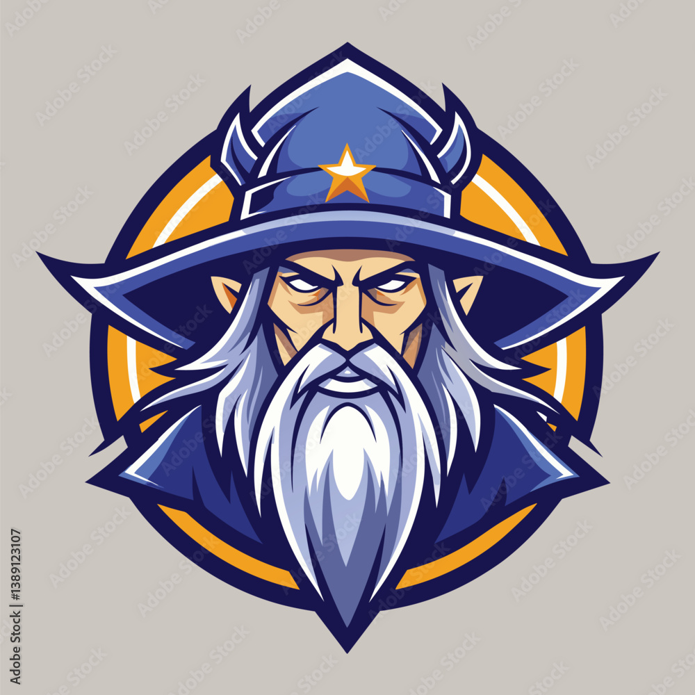 An illustrated portrait of a powerful wizard wearing a blue hat with a star on it. The wizard has a long white beard and a stern expression on his face. An illustrated portrait of a powerful wizard wearing a blue hat with a star on it. The wizard has a long white beard and a stern expression on his face.