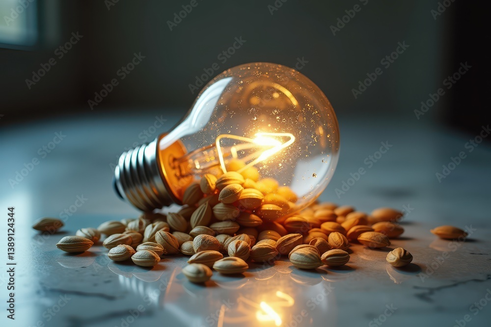 Lightbulb surrounded nuts on marble surface