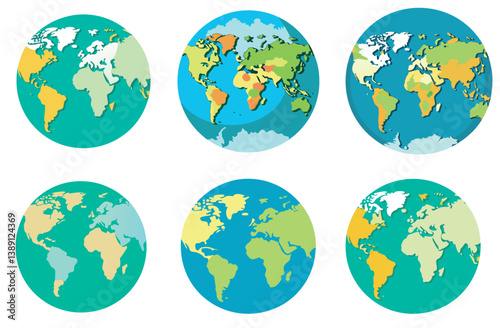 Collection of Six Colorful World Map Illustrations Diverse Geographical Representations