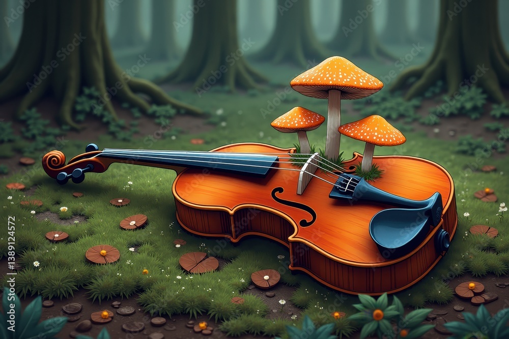 Violin with mushrooms in enchanted