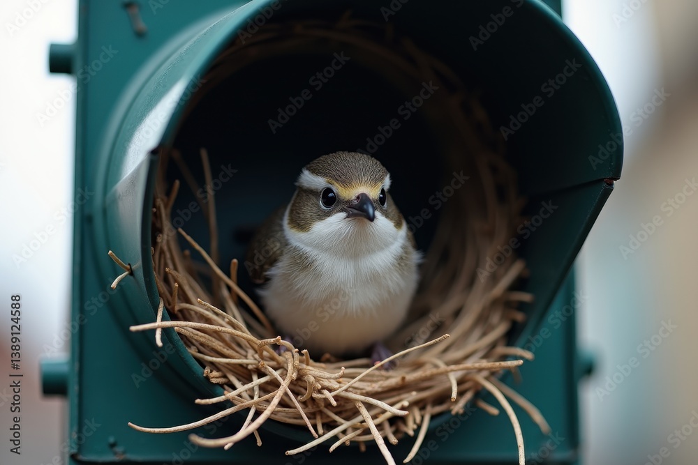 Bird nesting in green metal birdhouse