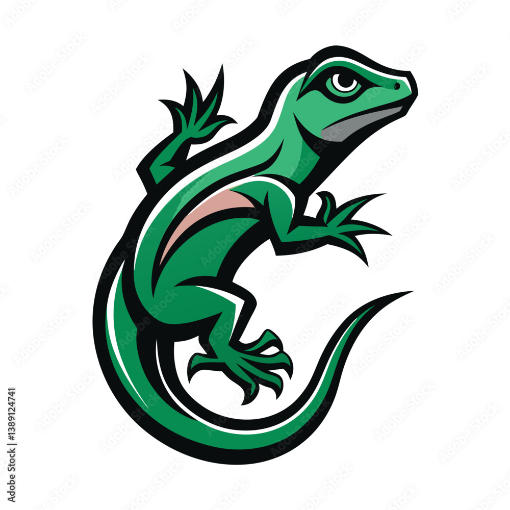Obraz premium This illustration features a green lizard with sharp claws, a long tail, and a black outline. The lizard is standing on its hind legs, with its front paws raised.