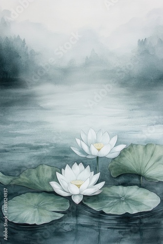 Two white water lilies bloom in a tranquil and serene landscape