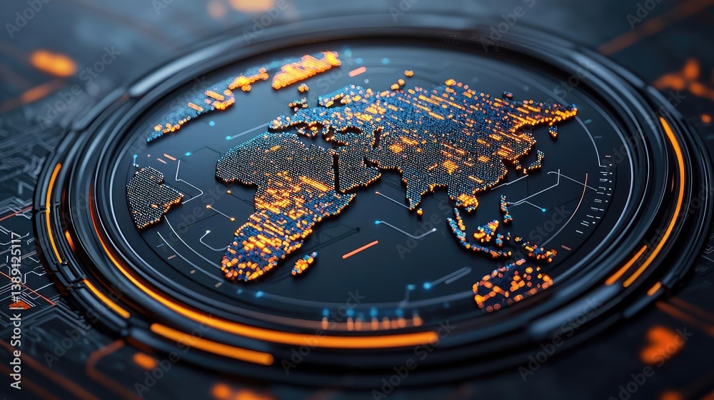 Fototapeta premium Clouds server driving intelligent system for globalization concept. Futuristic world map design with glowing digital elements.