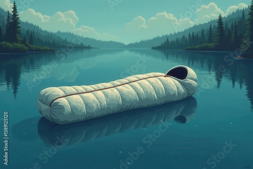 Obraz na płótnie Sleeping bag floating on serene lake in nature landscape w salonie