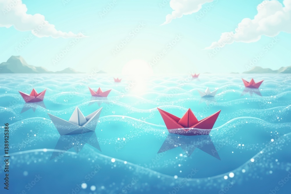 Paper boats floating on serene ocean bright sky