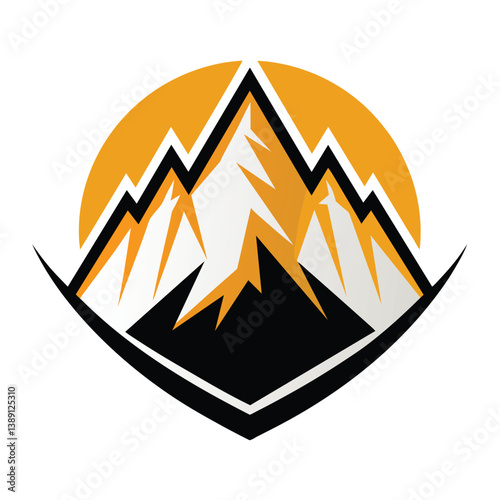 An illustration of a mountain range with a sunrise behind it, all contained within a protective shield shape.