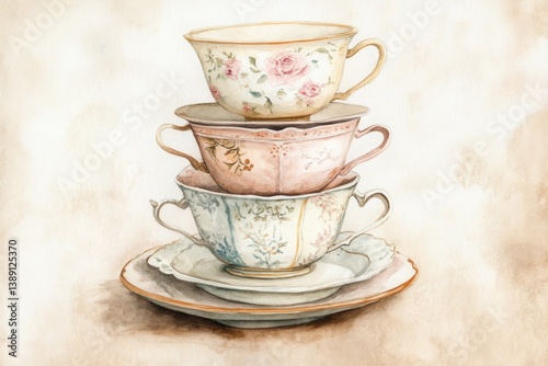 Watercolor painting of a stacked arrangement of antique teacups and saucers
