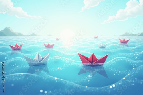 Obraz na płótnie Paper boats floating on serene ocean bright sky w salonie