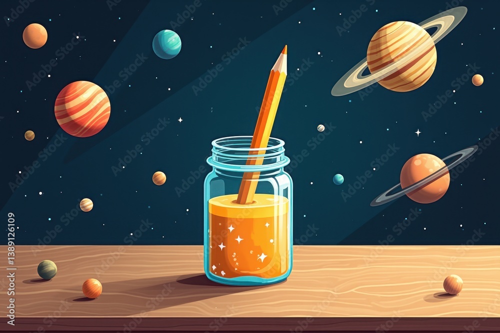 Surreal space-themed art with pencil in jar planets