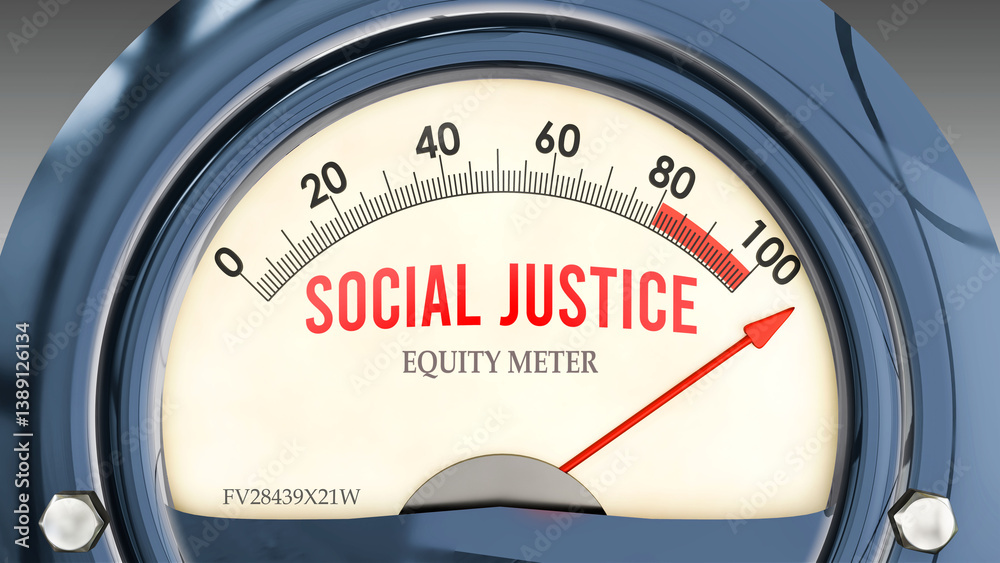 Obraz premium Social Justice and Equity Meter that is hitting a full scale, showing a very high level of social justice, overload of it, too much of it. Maximum value, off the charts. ,3d illustration