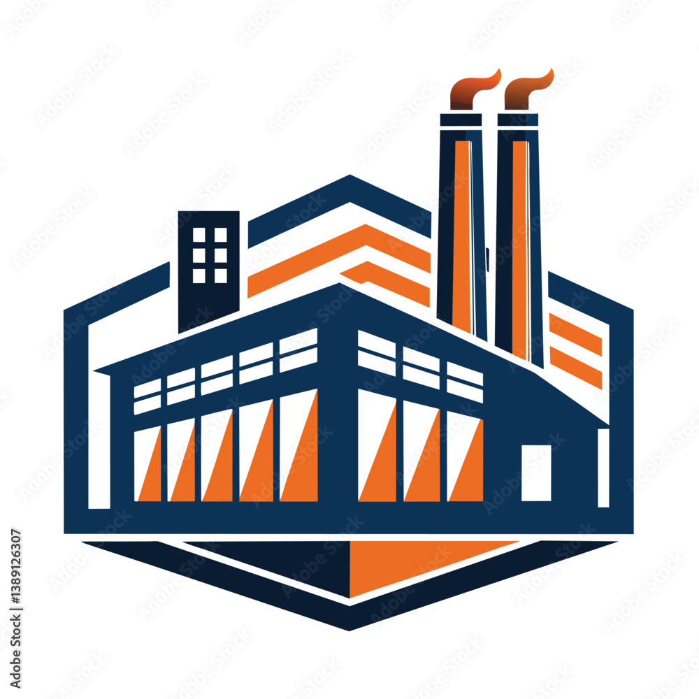 Obraz premium An illustration of a stylized industrial building with two chimneys and smoke.