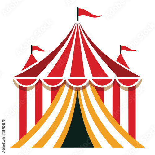 A red and white striped circus tent with yellow and white striped sides. There are three flags on top of the tent.