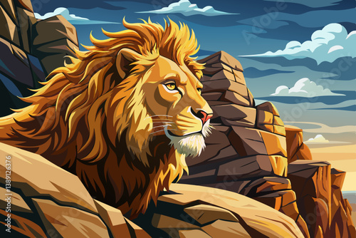 lion on a rugged mountain cliff, bathed in golden sunset light. Perfect for majestic and dramatic wildlife scenes, lion portrait banner