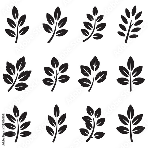 Tree Brunch Silhouettes Icon Set Isolated. Black and White Twig with Leaves Collection. Design Decorative Elements. Spring, Summer Leaves, Brunches, Plants, Leaves, Herbs. Silhouette Vector Black