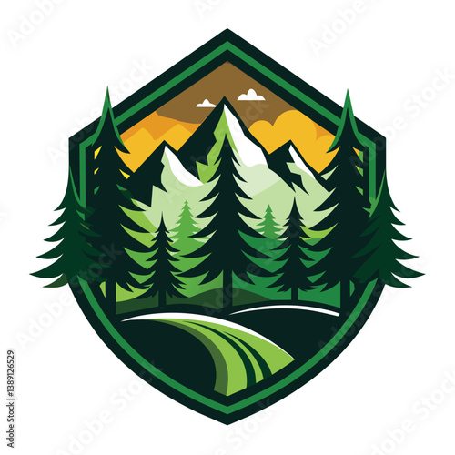 A vector illustration depicting a mountain range with snow-capped peaks behind a forest of evergreen trees, all within a green shield shape.