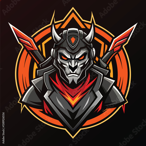 A digital illustration of a demonic warrior with horns and swords, wearing armor and a red scarf, against a dark background with an orange circular design.