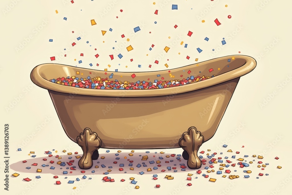 Confetti-filled vintage bathtub with playful colors festive mood