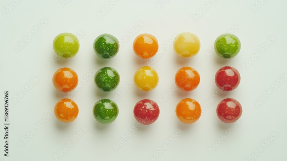 Colorful candy spheres arranged in rows on white background Colorful candy spheres arranged in rows on white background