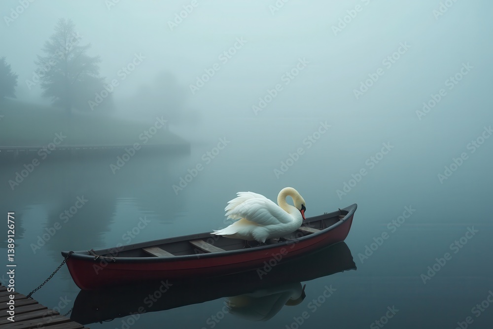 Swan gracefully resting in misty boat on tranquil lake