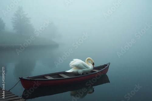 Obraz na płótnie Swan gracefully resting in misty boat on tranquil lake w salonie