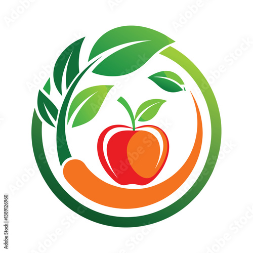 A logo design featuring a green leaf circle with an orange stem and a red apple in the center.