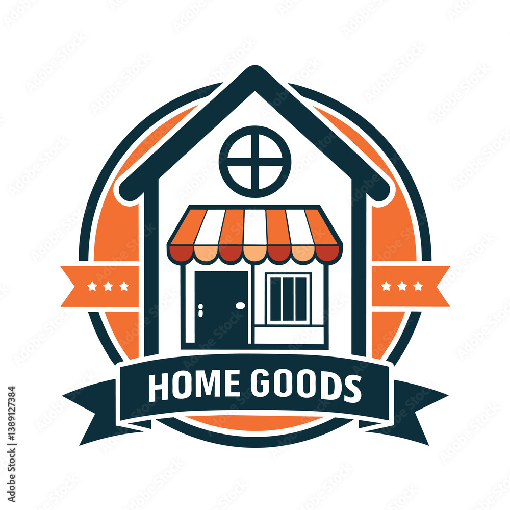 Fototapeta premium A circular logo with a house icon, orange background, and ribbon that reads HOME GOODS.
