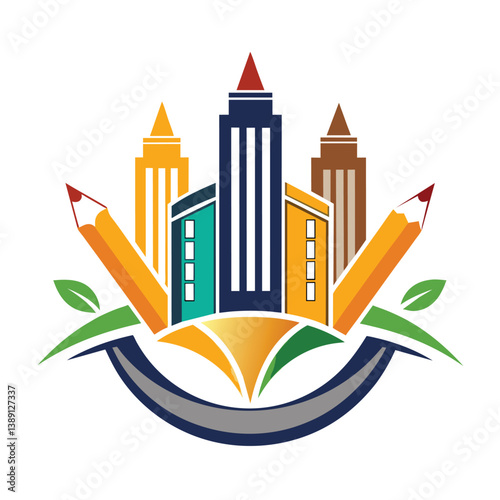 A colorful illustration of a city skyline with two pencils and leaves surrounding the base.