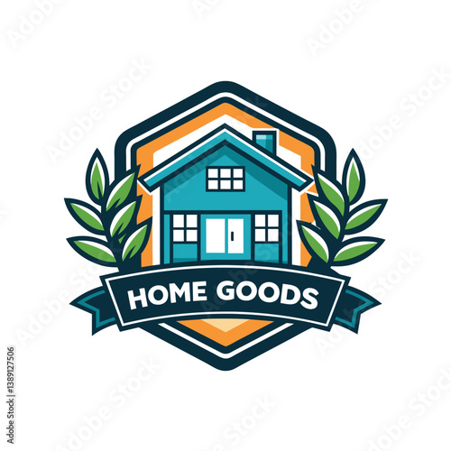 A stylized logo featuring a blue house with green leaves and an orange banner with the text Home Goods.