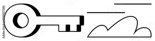Minimalistic key with cloud and dynamic lines suggests security, digital access, innovation, and possibilities. Ideal for storage, access, data, technology, efficiency creativity flat simple