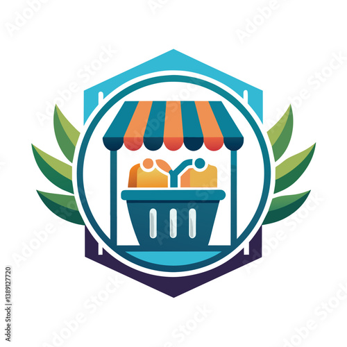 This logo features a stylized market stall with a striped awning and a basket underneath. The stall is surrounded by green leaves and set in a blue circle.