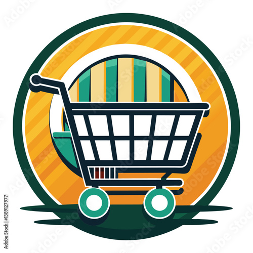 A simple illustration of a shopping cart icon, featuring a green and yellow circle with striped patterns.
