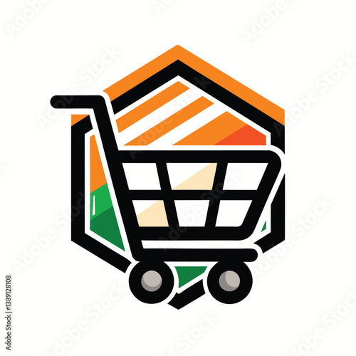 A black shopping cart icon with two wheels is positioned inside a hexagon logo. The hexagon has an orange and green color scheme with striped patterns.